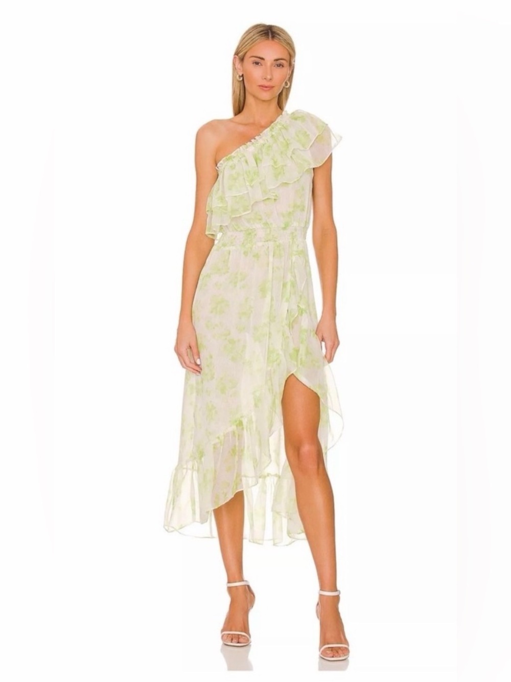 MISA Los Angeles Rumi Honeydew Blossom One Shoulder Ruffle Midi Dress NWT  LARGE